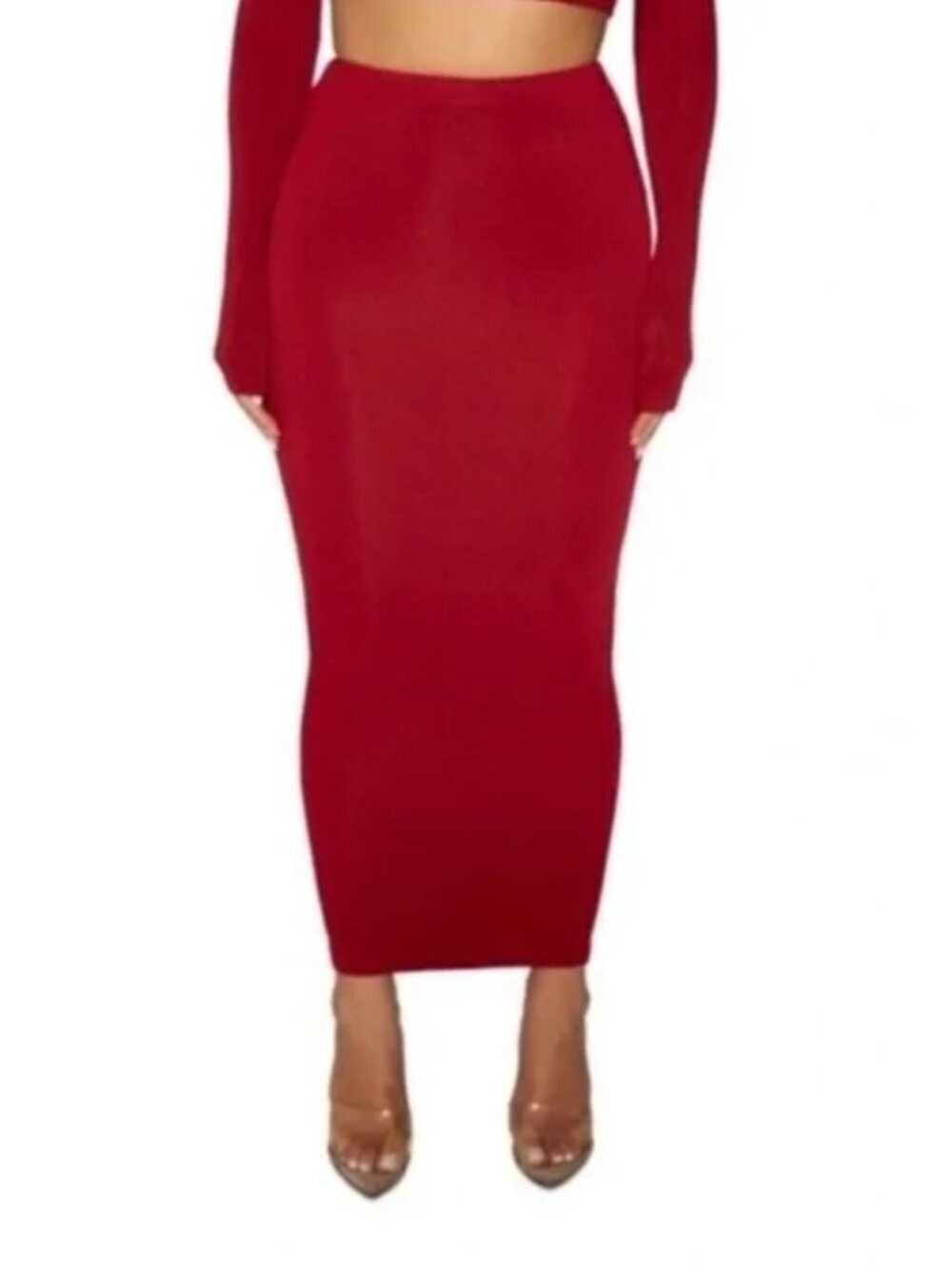 Naked Wardrobe Red Maxi Pencil Bodycon Skirt